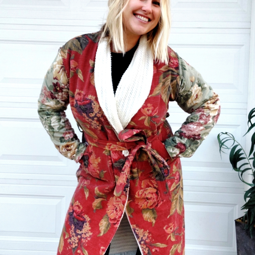 Handmade Floral Trench Coat Blanket Jacket with Red and Green Accents